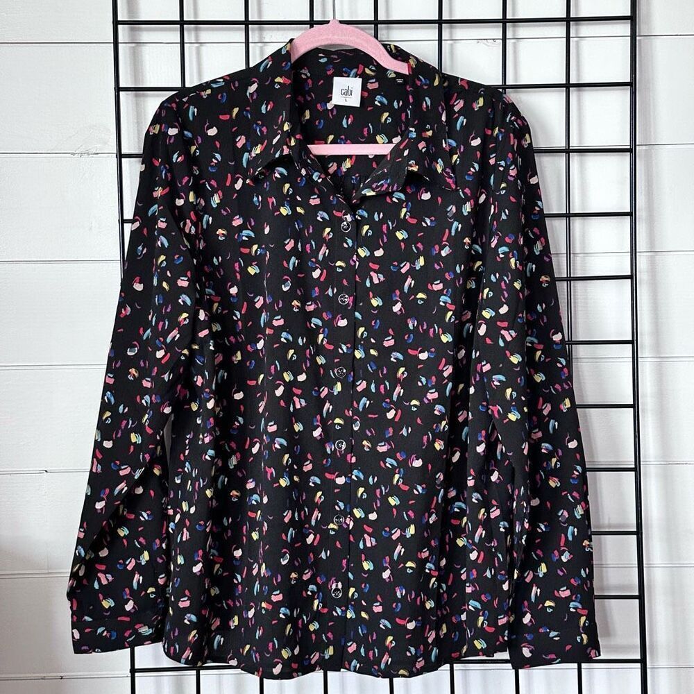 CAbi Ferris Button Down Blouse Womens L Black Multi Color Rainbow